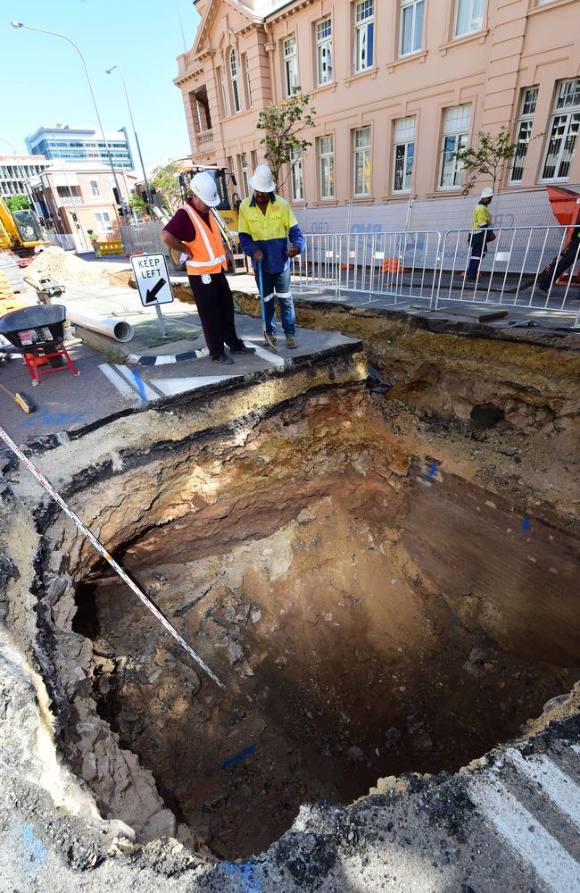 The 2016 sinkhole on Stanley Street, created by a leaking stormwater pipe. Picture: Evan Morgan