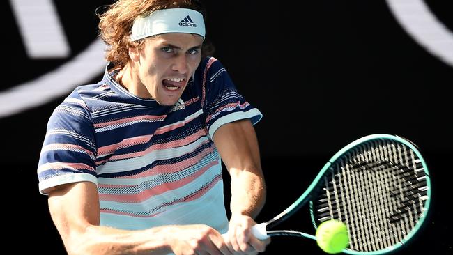 Alexander Zverev bashes keyboard ... warriors. Picture: Manan Vatsyayana/AFP