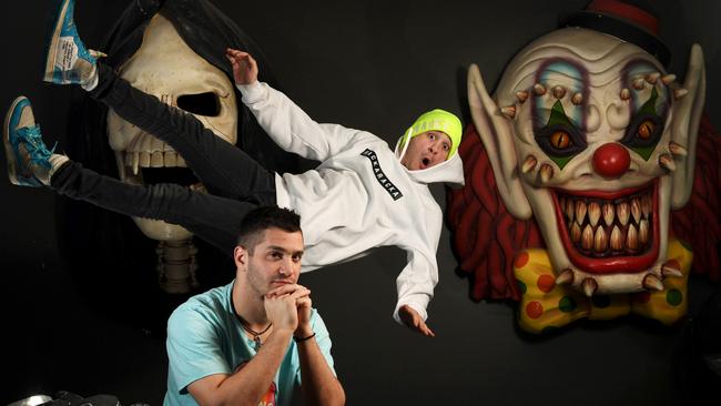 RackaRacka YouTube sensation Danny (fluoro beanie) and brother Michael Philippou at their Adelaide home. Picture: Tricia Watkinson