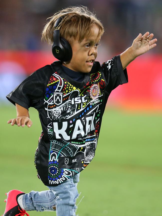 Quaden Bayles runs on to the field. Picture: Getty Images