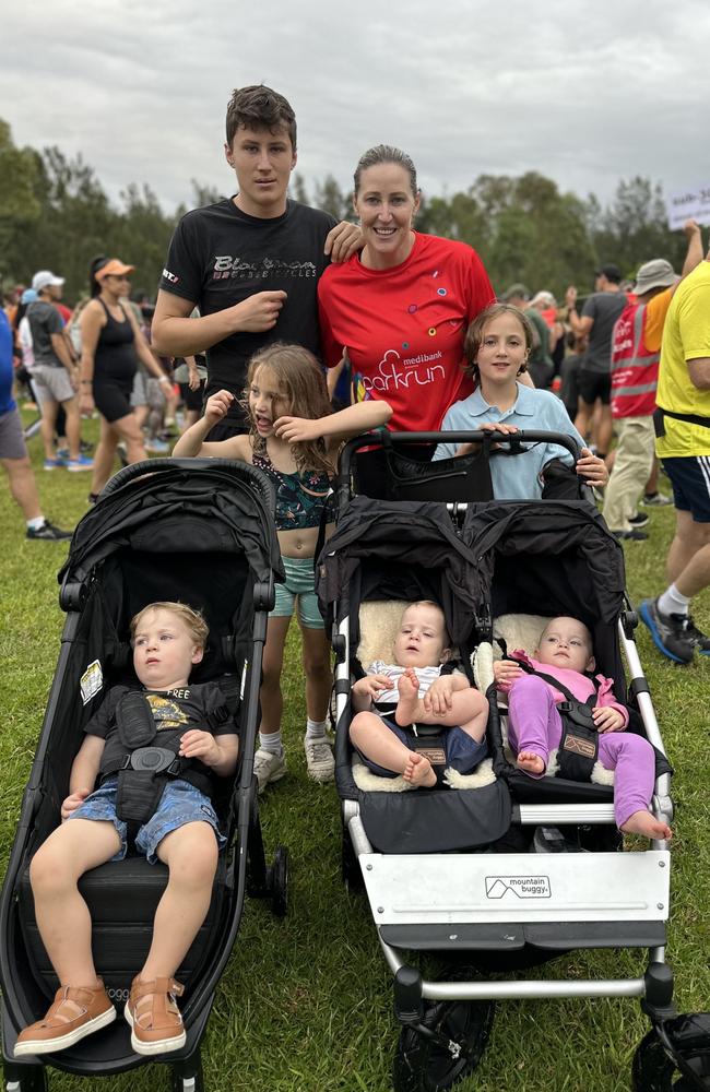 Jana Pittman with twins Willow and Quinlan, 18 months, Charlie, 2, Jemima, 6, Emily, 8 and Cornelis, 16. Picture: Supplied