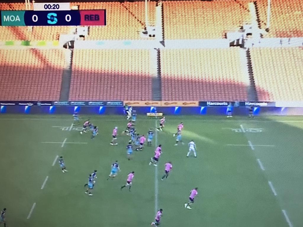 Empty grandstand at the Super Rugby clash between Moana Pasifika and the Melbourne Rebels in Hamilton on Friday. Picture: Stan Sport