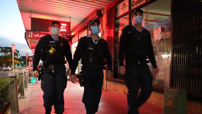 Police hit the streets of Bankstown in southwest Sydney on Thursday as part of a crackdown on those flouting stay-at-home orders. Picture: Christian Gilles