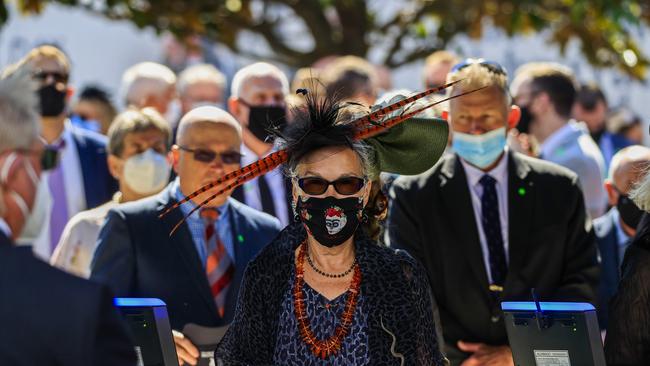 SYDNEY, AUSTRALIA – OCTOBER 16: A woman in a 'day of the dead' mask arrives at the course during Everest Day at Royal Randwick Racecourse on October 16, 2021 in Sydney, Australia. (Photo by Mark Evans/Getty Images)