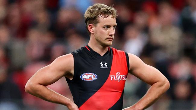 SYDNEY, AUSTRALIA - AUGUST 19: Darcy Parish of the Bombers reactsduring the round 23 AFL match between Greater Western Sydney Giants and Essendon Bombers at GIANTS Stadium, on August 19, 2023, in Sydney, Australia. (Photo by Brendon Thorne/AFL Photos/via Getty Images)