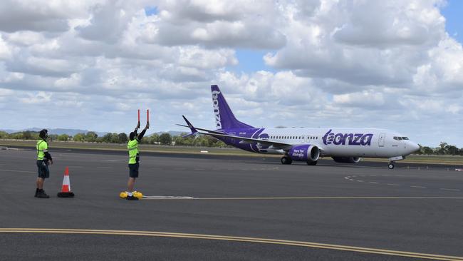 The Bonza plane coming in it's maiden landing at Rockhampton Airport from Townsville.