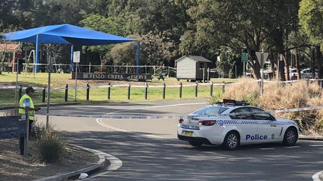 A woman’s body has been found near a playground in a park in Hunters Hill. 9 News understands there are drag marks nearby up to 30 metres. Police are treating it as suspicious. Picture: Nine News / Twitter