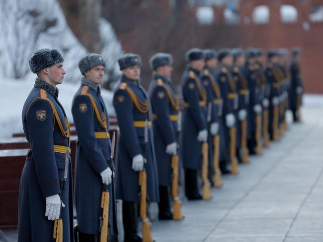 Russian soldiers at the Tomb of the Unknown Soldier by the Kremlin Wall in Moscow, on February 15, 2022. Picture: Maxim Shemetov/AFP