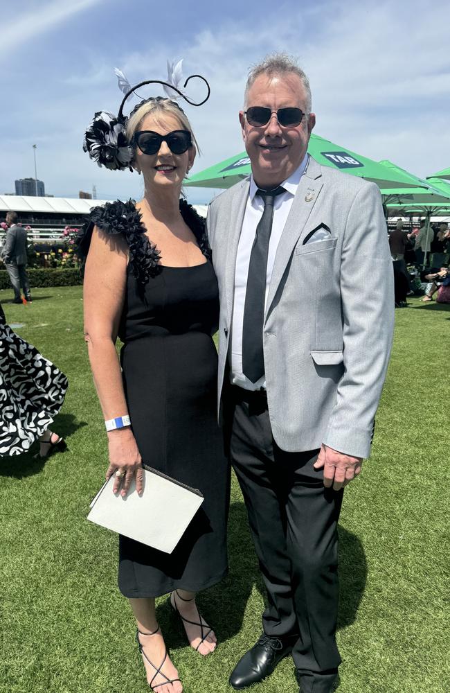 Leonie Hayes and Chris Taylor at Flemington for Derby Day on November 2, 2024. Picture: Phillippa Butt