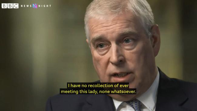 Screen grab from BBC Newsnight's Emily Maitlis interview with Prince Andrew. Source: BBC