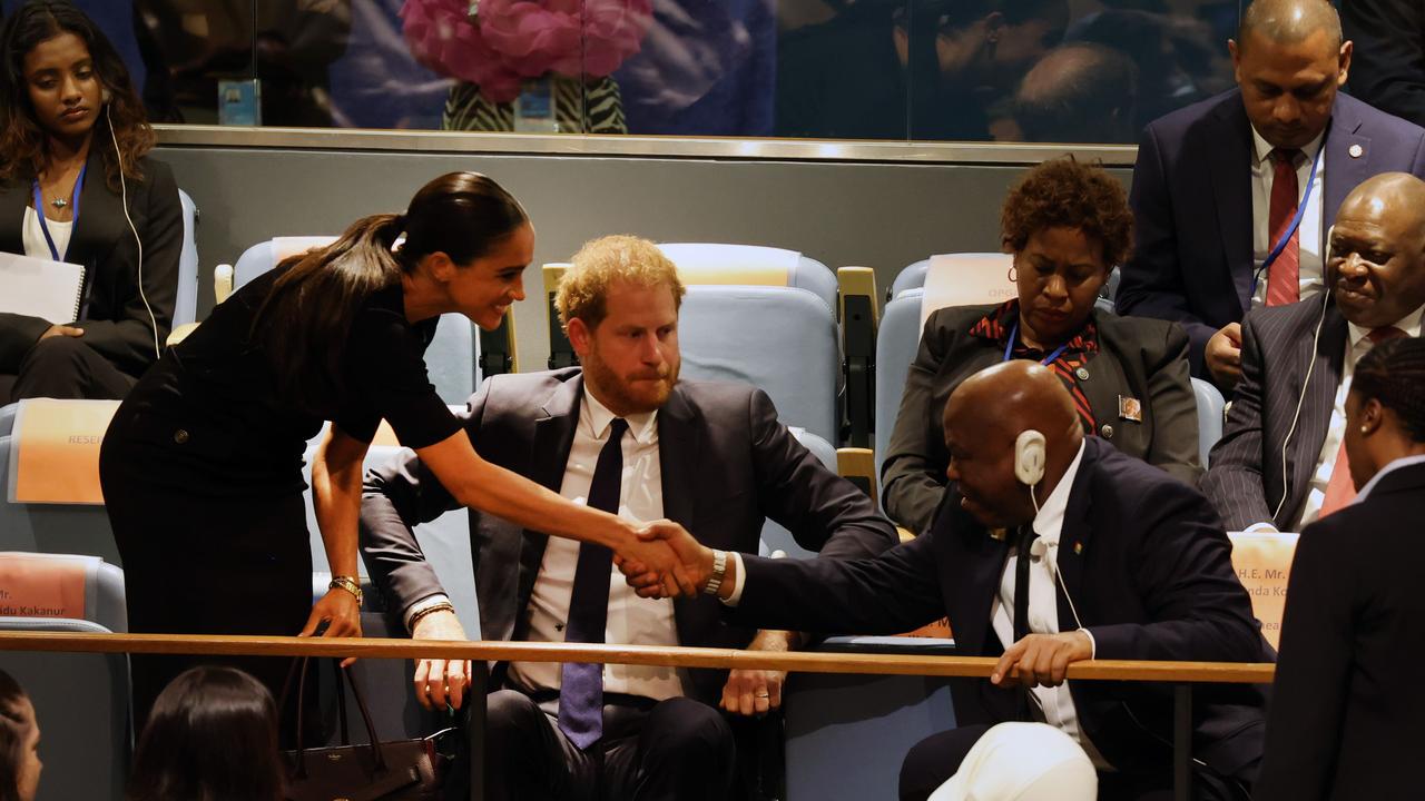 Prince Harry and his wife Meghan Markle greet Guinea’s Foreign Minister, Morissanda Kouaté at United Nations (UN) general assembly. Picture: Spencer Platt/Getty Images/AFP