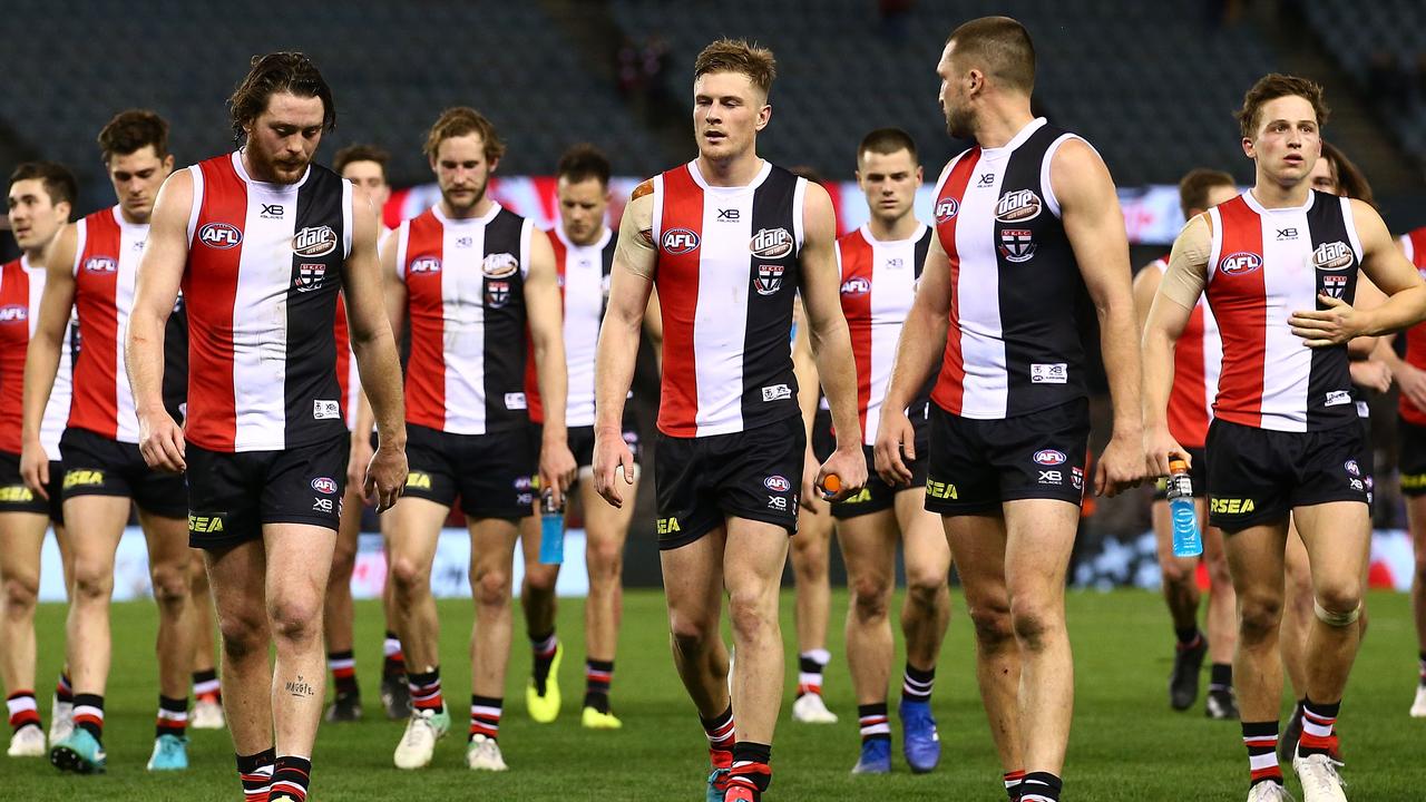 St Kilda walks off the ground following its loss to the Western Bulldogs. (Photo by Scott Barbour/Getty Images)