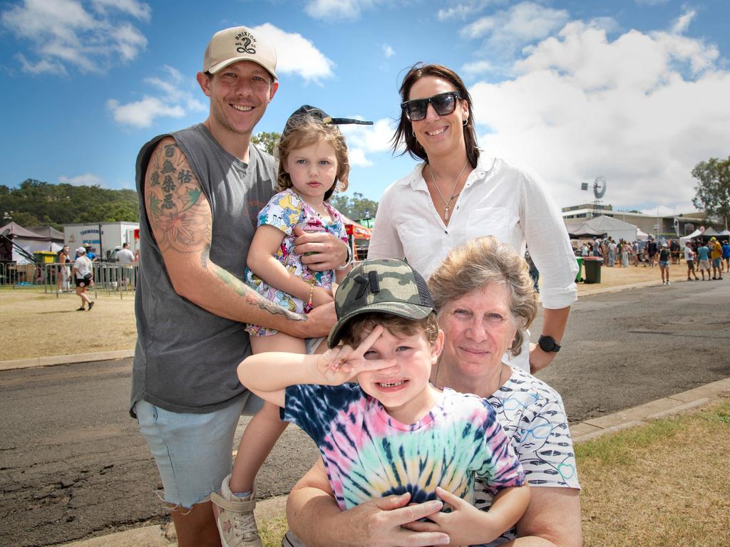 Josh and Harlow Telford, Chloe Waugh and (front) Hux Telford and Rhonda Stark at Meatstock - Music, Barbecue and Camping Festival at Toowoomba Showgrounds, Sunday, March 10th, 2024. Picture: Bev Lacey