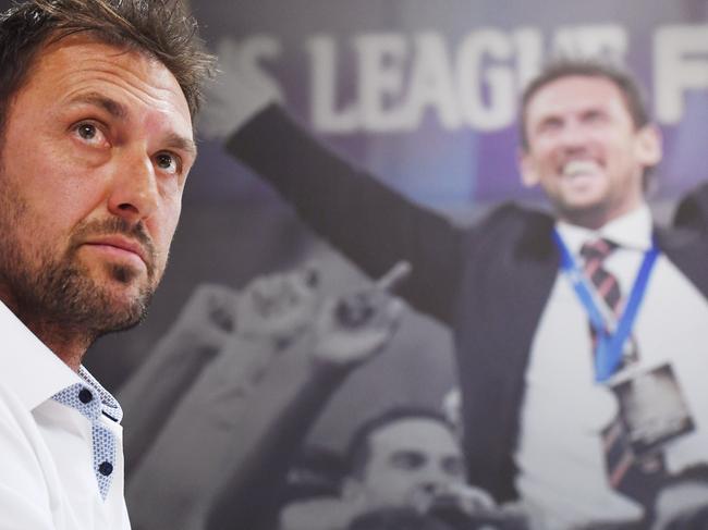 Western Sydney Wanderers coach Tony Popovic  and CEO John Tsatsimas address the media during a press conference in Sydney, Sunday, October 1, 2017. Popovic announced his resignation from the A-League club just a week out from the start of the new season. (AAP Image/Sam Mooy) NO ARCHIVING