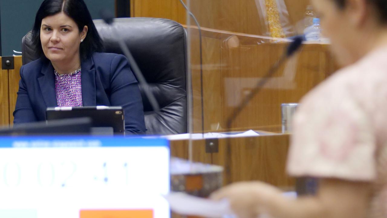 Natasha Fyles listens to opposition leader Lia Finocchiaro. Picture: (A)manda Parkinson