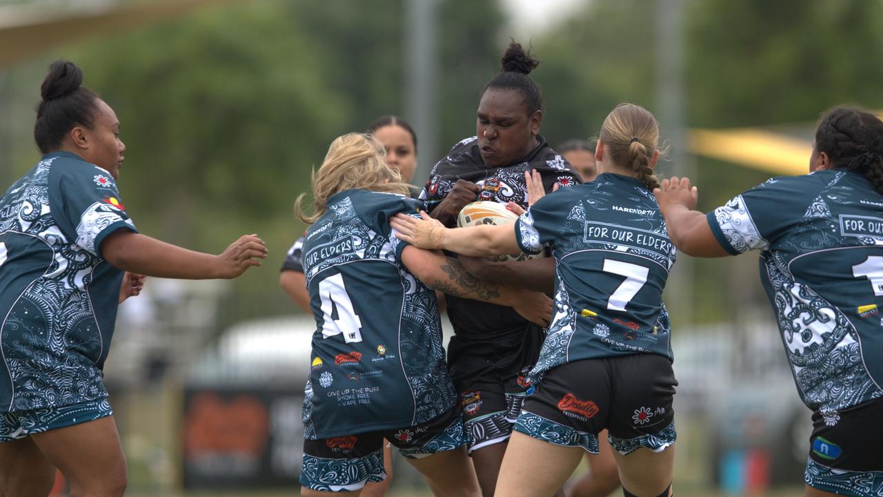 Indigenous All Stars forward Cassiela Wapau charges into the defence in the 2023 Deadly Cup Carnival women’s match. Picture: Pema Tamang Pakhrin