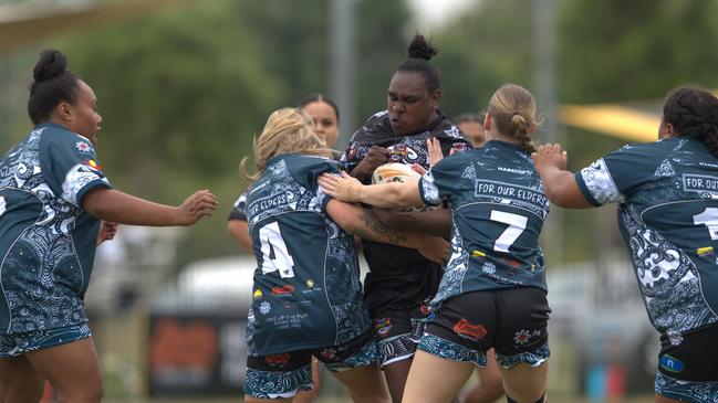 Indigenous All Stars forward Cassiela Wapau charges into the defence in the 2023 Deadly Cup Carnival women’s match. Picture: Pema Tamang Pakhrin