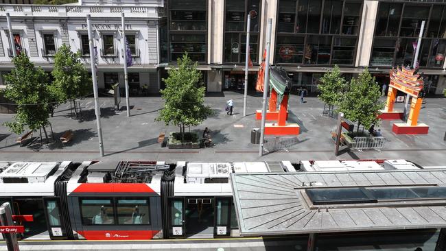 Barely a person to be seen at Circular Quay or on trams on Thursday just after 11am. Picture: John Grainger