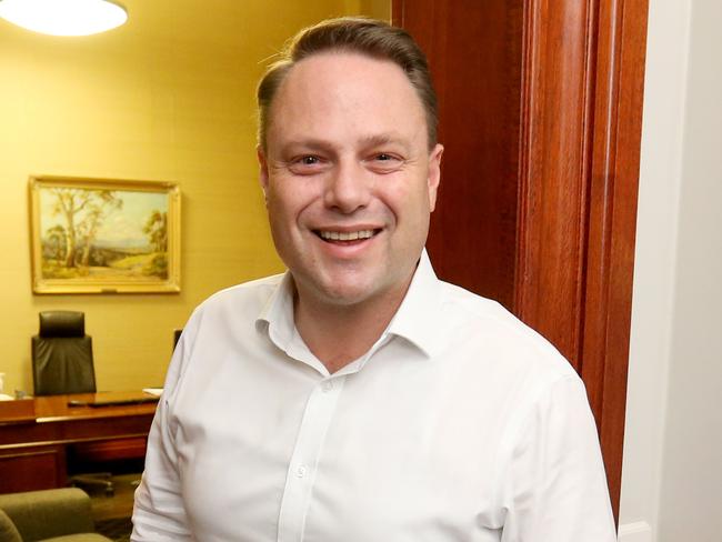 Adrian Schrinner, Lord Mayor of Brisbane, in his office on the night council election, City Hall, King George Square, Saturday 28th March 2020 - Photo Steve Pohlner