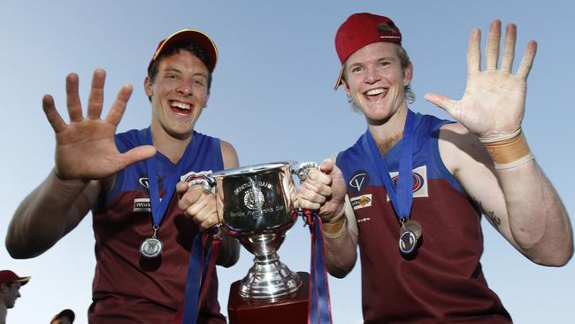 Horsham Demons co-captains Jeremy Hartigan and Nic Pekin after beating the Warrack Eagles in the 2012 Grand Final. Picture: Yuri Kouzmin