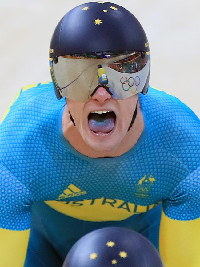 Rio Olympics 2016. Matthew GLAETZER riding hard in the Men's Team Sprint. Track Cycling on Day 06 at the Olympic Velodrome, in Rio de Janeiro, Brazil. Picture: Alex Coppel
