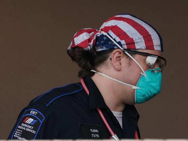 A paramedic at a Brooklyn hospital. New York was still struggling under the weight of coronavirus cases. Picture: AFP