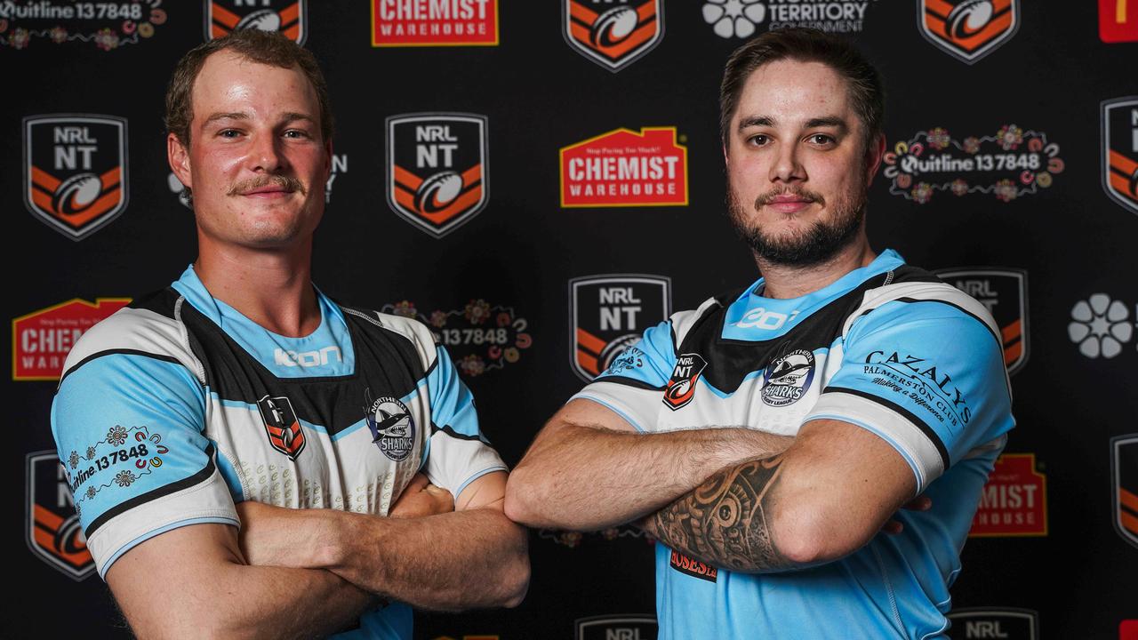 Northern Sharks players Lachie Wright and Bradley Sneddon ahead of the 2023 NRL NT season. Picture: Pema Tamang Pakhrin