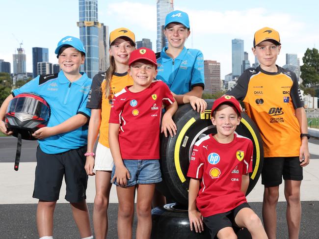 Kids in F1 gear for story re a new fan live site opening for the first time next month at Olympic Park. L to R Oscar, Essie, Sadie, Poppy, Darcy and Lucas. Sunday, February 23, 2025. Picture: David Croslng