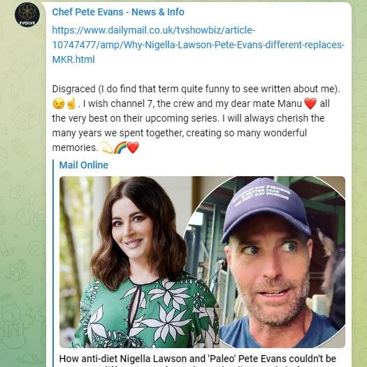 The former reality show judge took to his Telegram account to react to the announcement. Picture: Telegram/Chef Pete Evans.