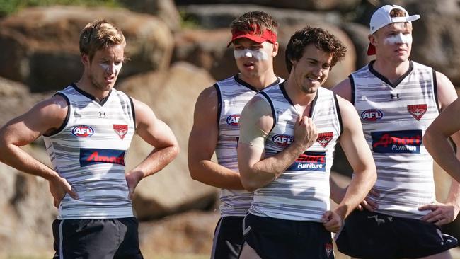 Andrew McGrath, second from right, with Bomber teammates at pre-season training. Picture: Scott Barbour/AAP