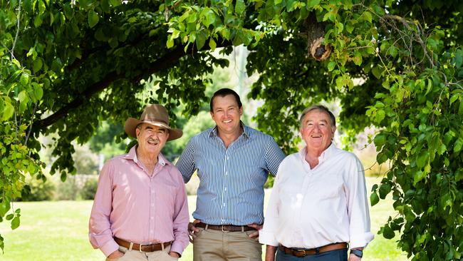 Gundagai Meat Processors chief executive Will Barton (centre) with co founders and owners, uncle Tony Barton (left) and father Bill Barton .