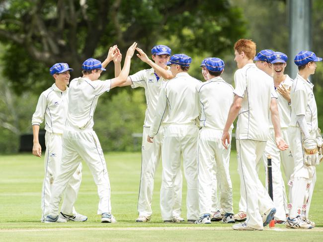 Toowoomba Grammar celebrate a wicket in the cricket game between St Joseph's College and Toowoomba Grammar, Saturday, February 8, 2020 (AAP Image/Renae Droop)