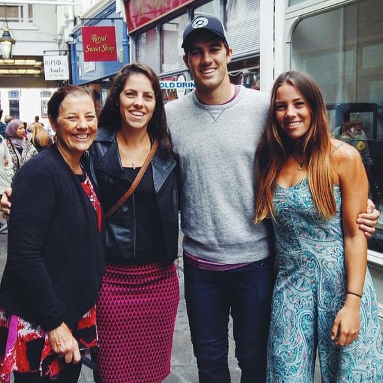 Pat Cummins’ parents, including his mum, far left, pictured here with Cummins and his two sisters in Cardiff in 2015, were wonderful role models. Picture: Instagram/@patcummins30