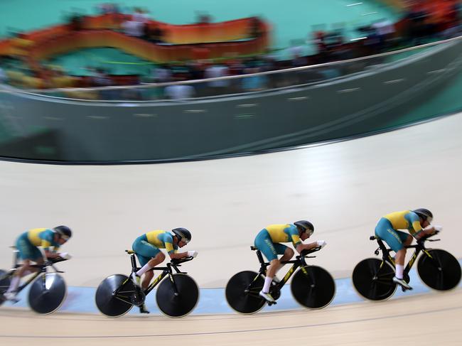 The Men's Team Pursuit team in action at the 2016 Rio Olympics at the Rio Olympic Velodrome. Picture: Cameron Tandy