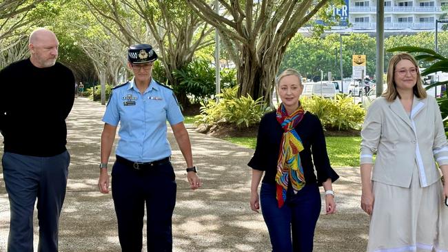 Relationships Australia head of operations Chris Le Gay Brereton, Superintendent Monique Ralph, Attorney-General Yvette D'Ath and Relationships Australia CEO Natasha Rae in Cairns in early June, announcing the launch of the state's first co-responder police and DV specialist response. Picture: Annabel Bowles