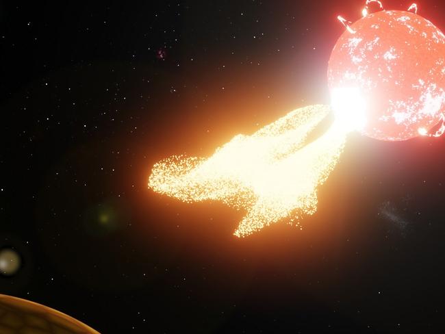 An artists impression of a solar flare ejected from Proxima Centauri.