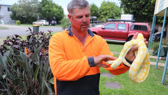 Trent Humphreys displaying one of his most sought after snakes, the Albino Darwin