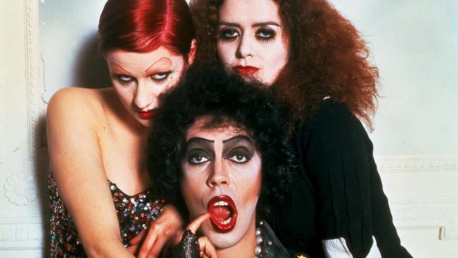 Actor (l-r) Little Nell Campbell with Tim Curry and Patricia Quinn from film |The Rocky Horror Picture Show|.