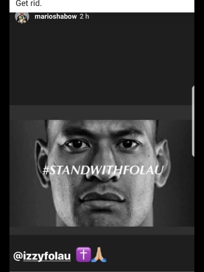 Shabow’s Instagram post supporting Israel Folau