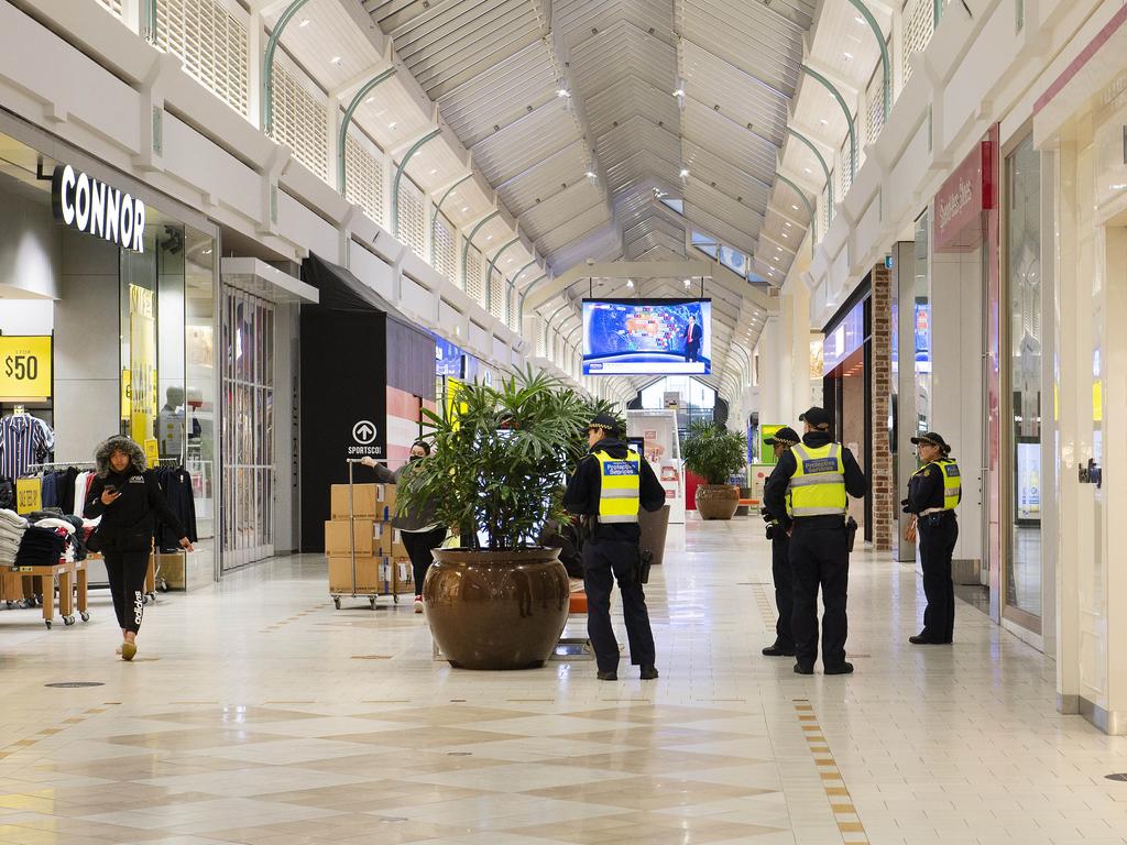 Police patrol Broadmeadows shopping centre as the suburb goes into lockdown. Picture: Rob Leeson/NCA NewsWire