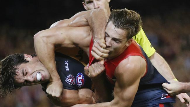 AFL Round 5. Melbourne v Richmond at the MCG. Jack Viney smashes into Alex Rance after Rance dealt with Jack Watts late in the game. Pic: Michael Klein