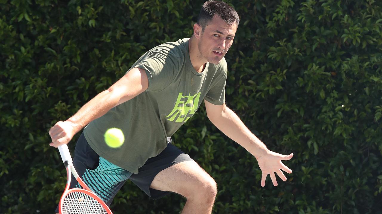 Bernard Tomic is back on the training court in preparation for his big comeback. Picture Glenn Hamposon