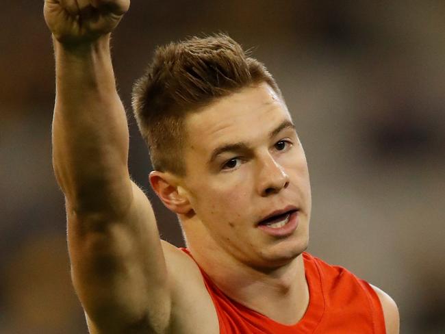 MELBOURNE, AUSTRALIA - MAY 11: Ben Ronke of the Swans celebrates a goal during the 2018 AFL round eight match between the Hawthorn Hawks and the Sydney Swans at the Melbourne Cricket Ground on May 11, 2018 in Melbourne, Australia. (Photo by Michael Willson/AFL Media/Getty Images)