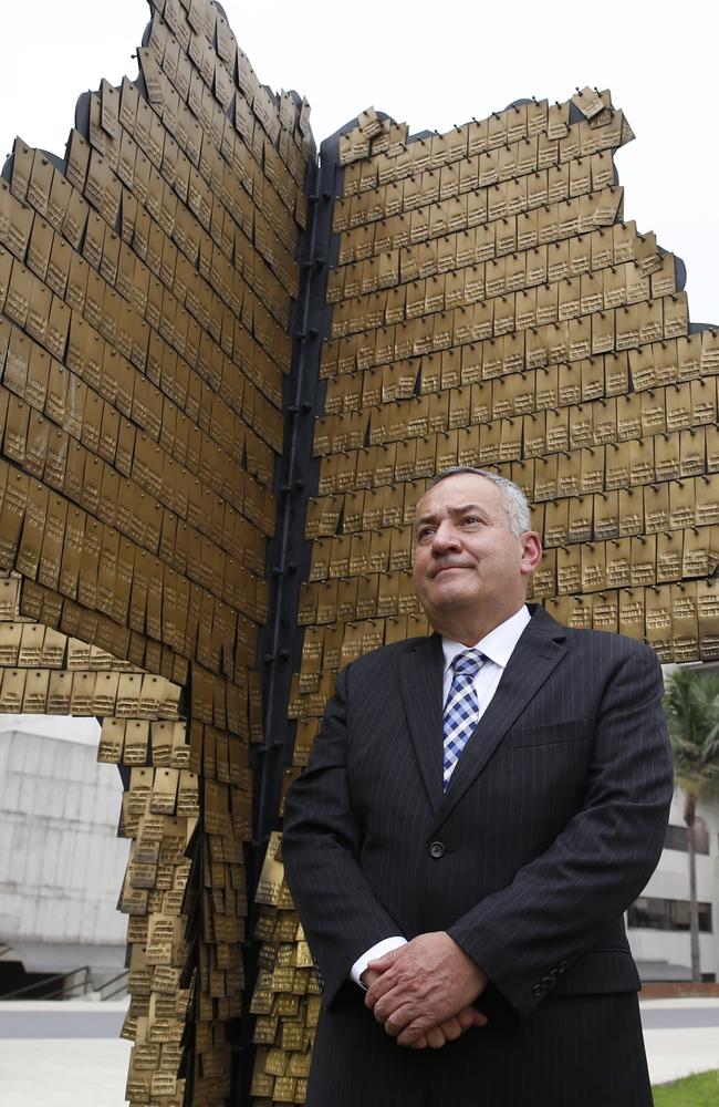 Retired Colombian National Police Colonel Fernando Buitrago at the Police memorial at Police Headquarters in Bogota Colombia. A memorial with the names of hundreds of Police officers names who were killed in the line of duty. Picture: Gary Ramage