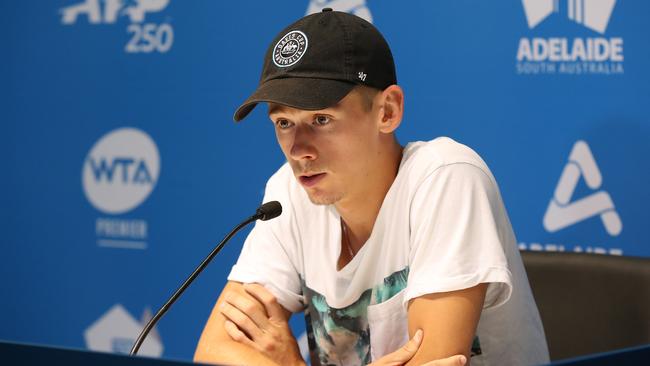 Alex de Minaur announcing his withdrawal from the Adelaide International. Picture: Paul Kane/Getty Images