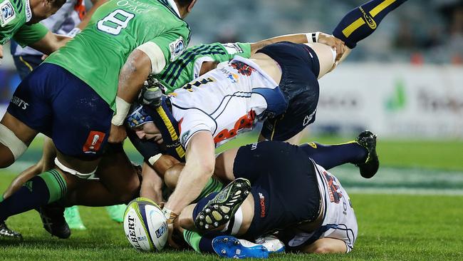 David Pocock of the Brumbies attempts to secure a loose ball.