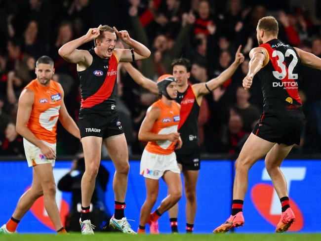 Mason Redman celebrates his goal during the win over GWS. Picture: Morgan Hancock/AFL Photos/via Getty Images)