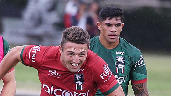 Ready to make his own name: Vincent Leuluai (right) learns the way from Sam Burgess in 2018.