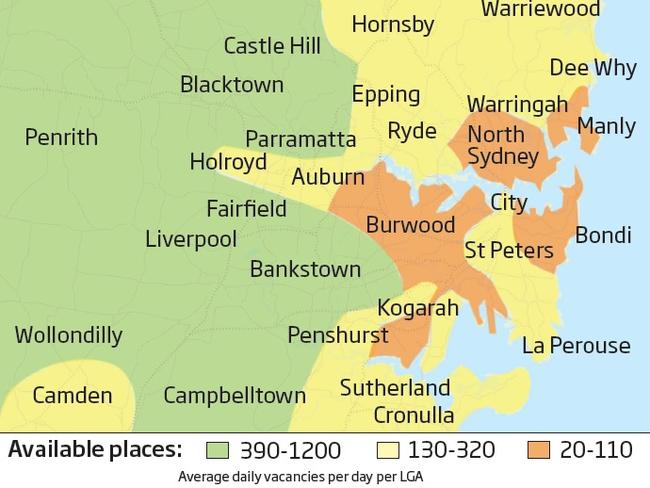 Childcare vacancies:Western Sydney (green) has a much higher numbers of places available.