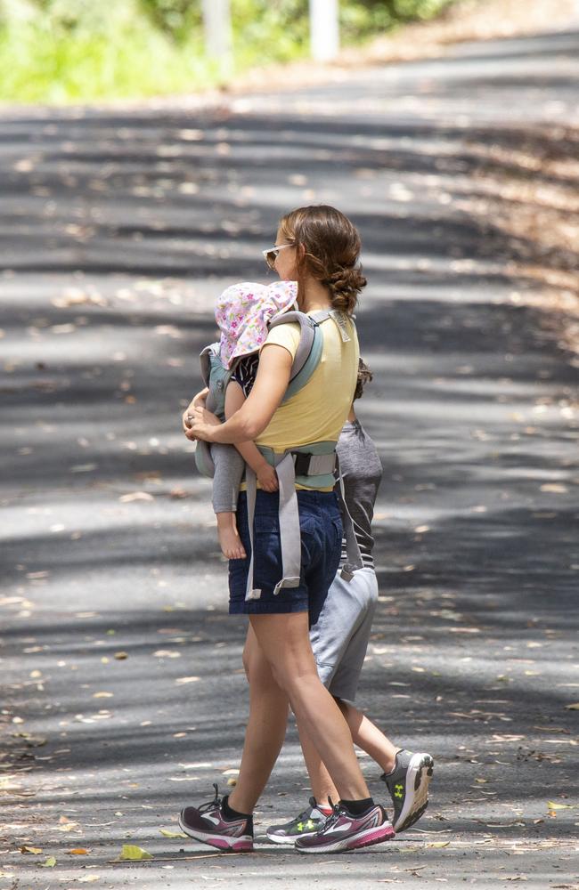 Portman looked relaxed on a quiet day with the family. Picture: Media Mode